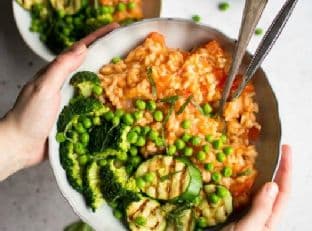 Fresh Tomato Risotto with Grilled Green Vegetables
